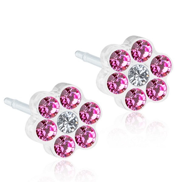 Blomdahl Daisy Rose Crystal øreringe i medicinsk plastik med rosa og hvide zirkonia, 5 mm.